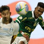 O jogador Estêvão, da SE Palmeiras, disputa bola com o jogador do Grêmio FBPA, durante partida válida pela trigésima terceira rodada, do Campeonato Brasileiro, Série A, na arena Allianz Parque. (Foto: Cesar Greco/Palmeiras/by Canon)